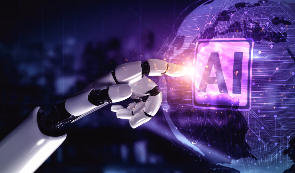 Robot hand touching Artificial Intelligence projected sign
